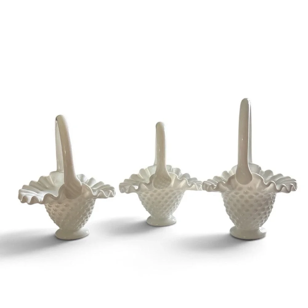 Fenton Hobnail Milkglass mini basket set